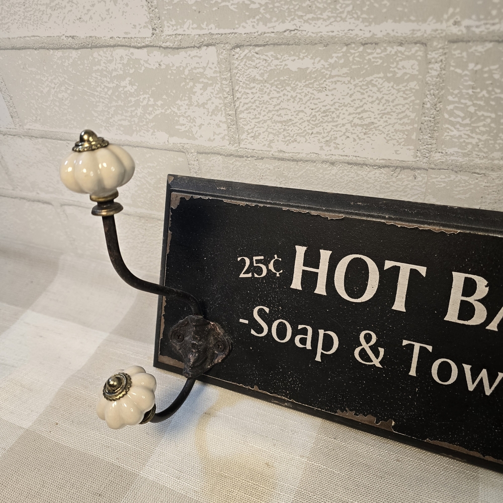 Wood Bathroom Towel Holder 4 Ceramic Hooks Hot Baths 25 Cents Soap Faux Antique - Picture 7 of 7